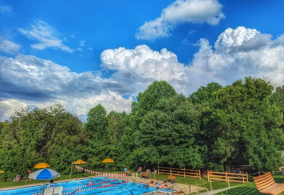 Aerial view of the six-lane lap pool with umbrellas along the fence and trees behind