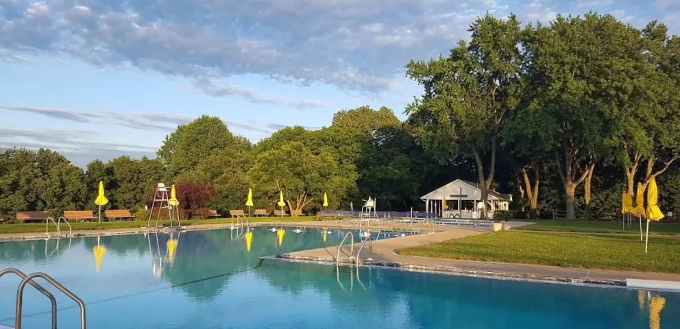 The pools and grounds in morning light